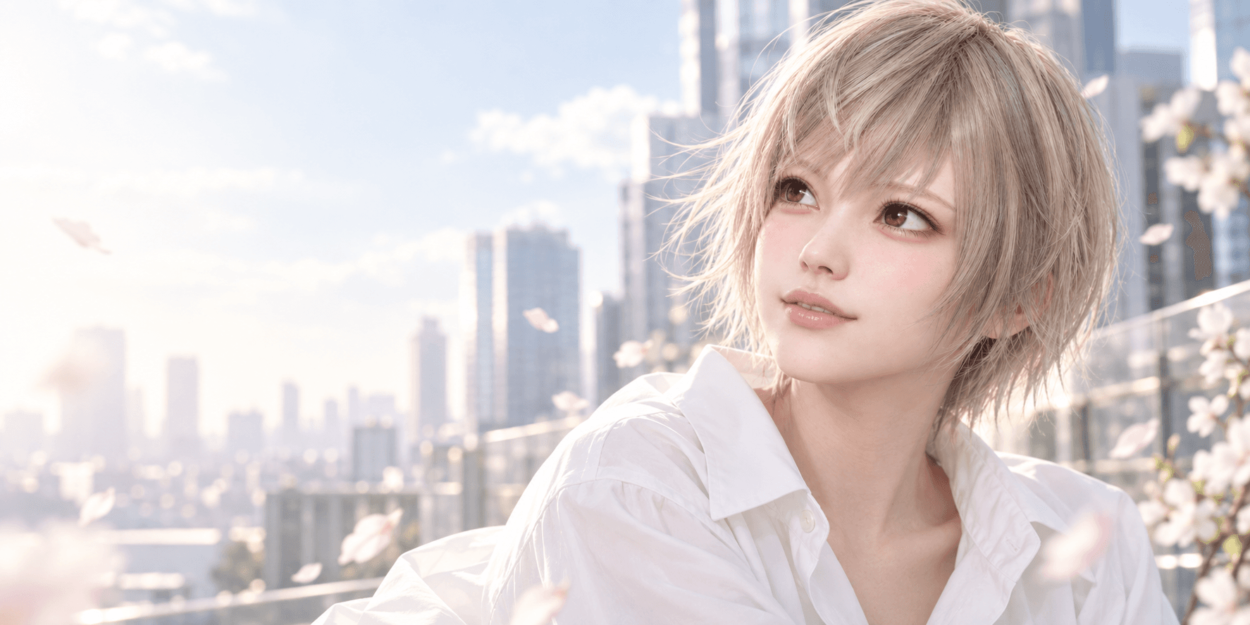 都会を背景にしたMEROSTAバーチャルモデルのポートレート